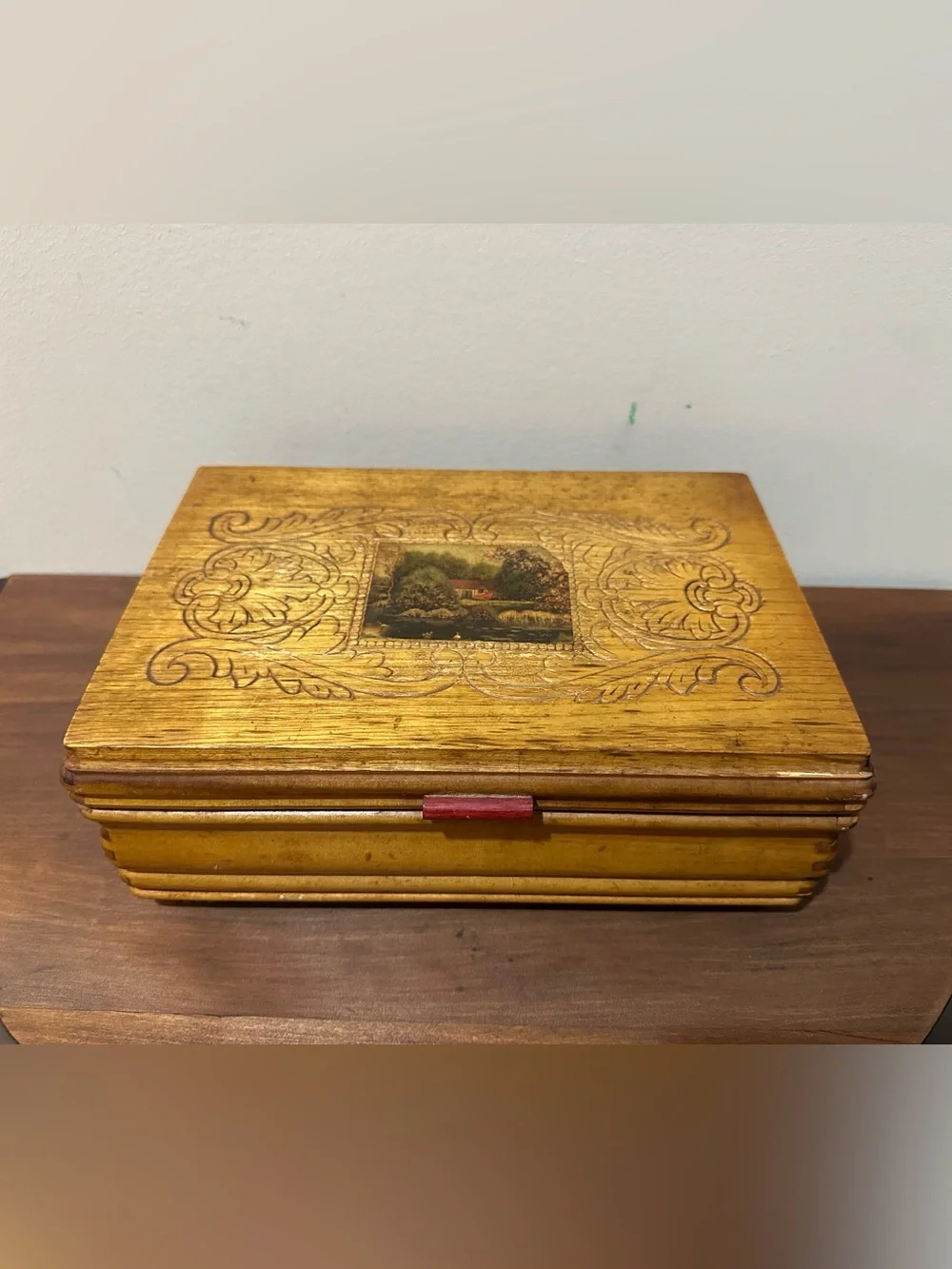 Vintage Ornate Wood Decorative Box with Scenic picture